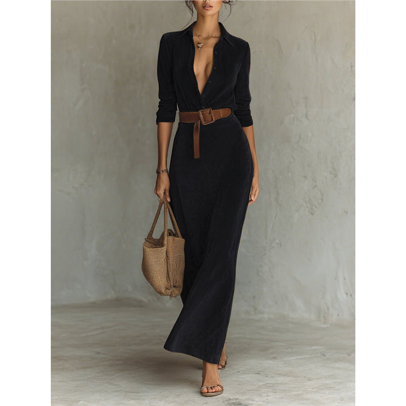 Suede waist long dress shirt skirt with belt