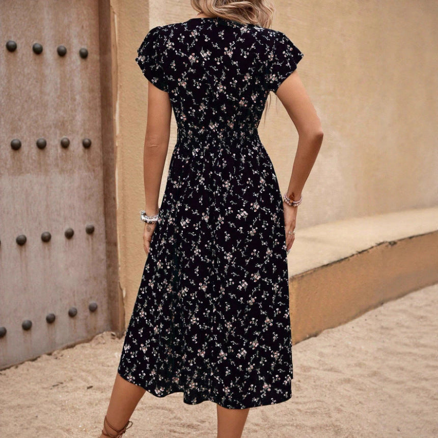 French Fashion Dress Women's Short Sleeve Floral