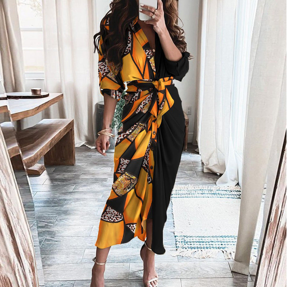 Printed v-neck strap-on high-waisted dress
