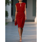 Solid color pleated waist round neck hollow dress