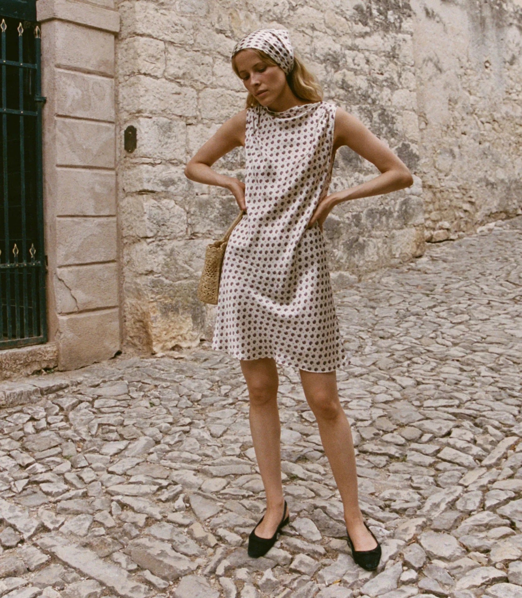Coffee bean print loose satin dress