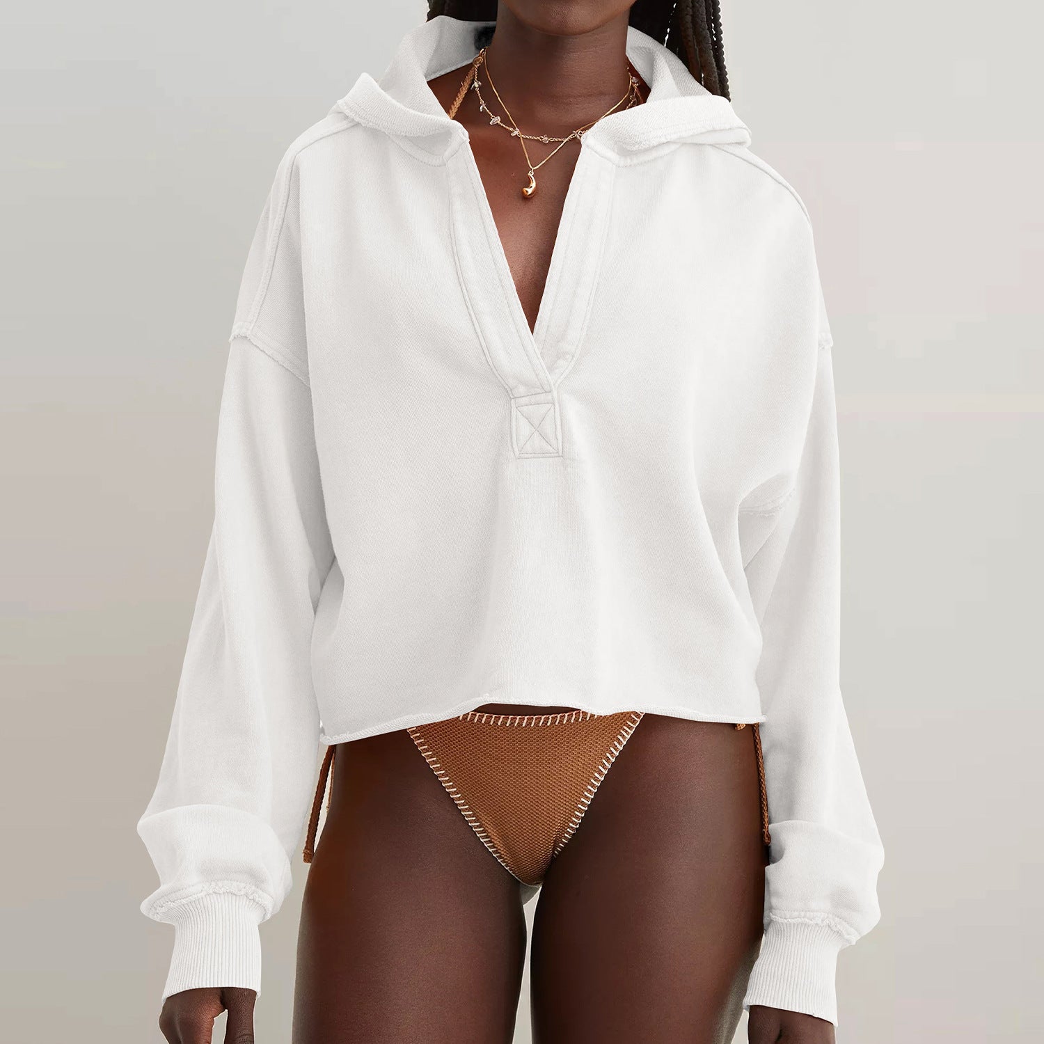 Fashion brand women's hooded sweater V-neck