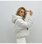 Hooded rhombus woven white duck down jacket