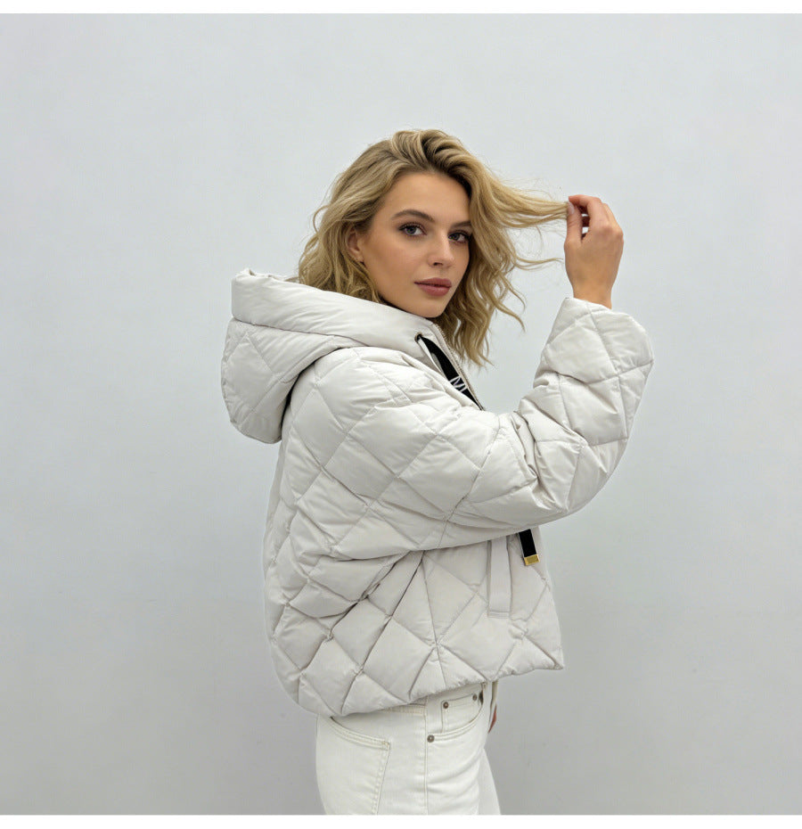 Hooded rhombus woven white duck down jacket