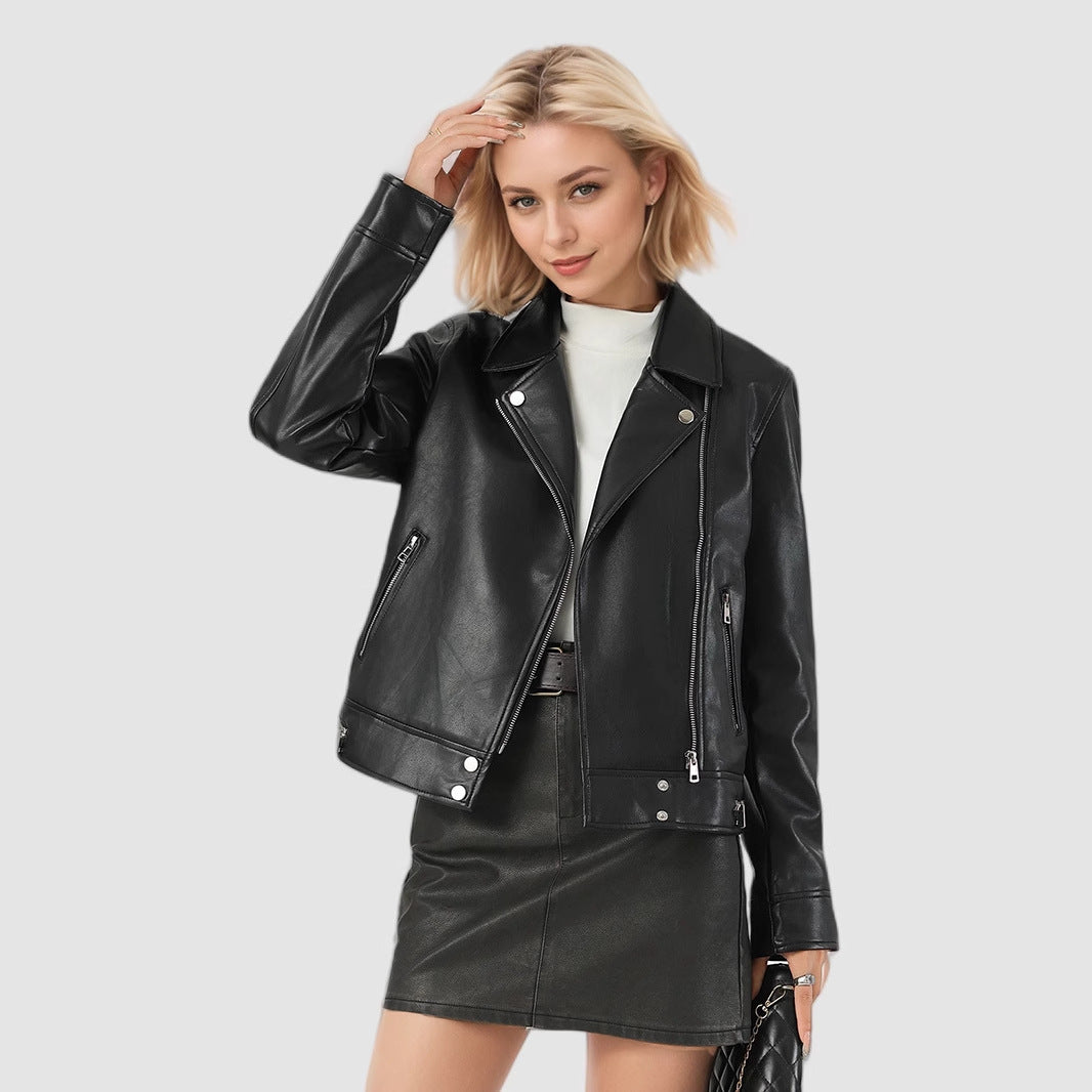 Leather jacket short lapel leather jacket
