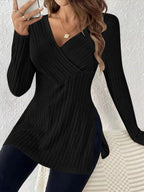 Long sleeved solid color V-neck casual home pit strip top