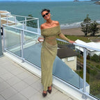 One-word shoulder mesh see-through long dress