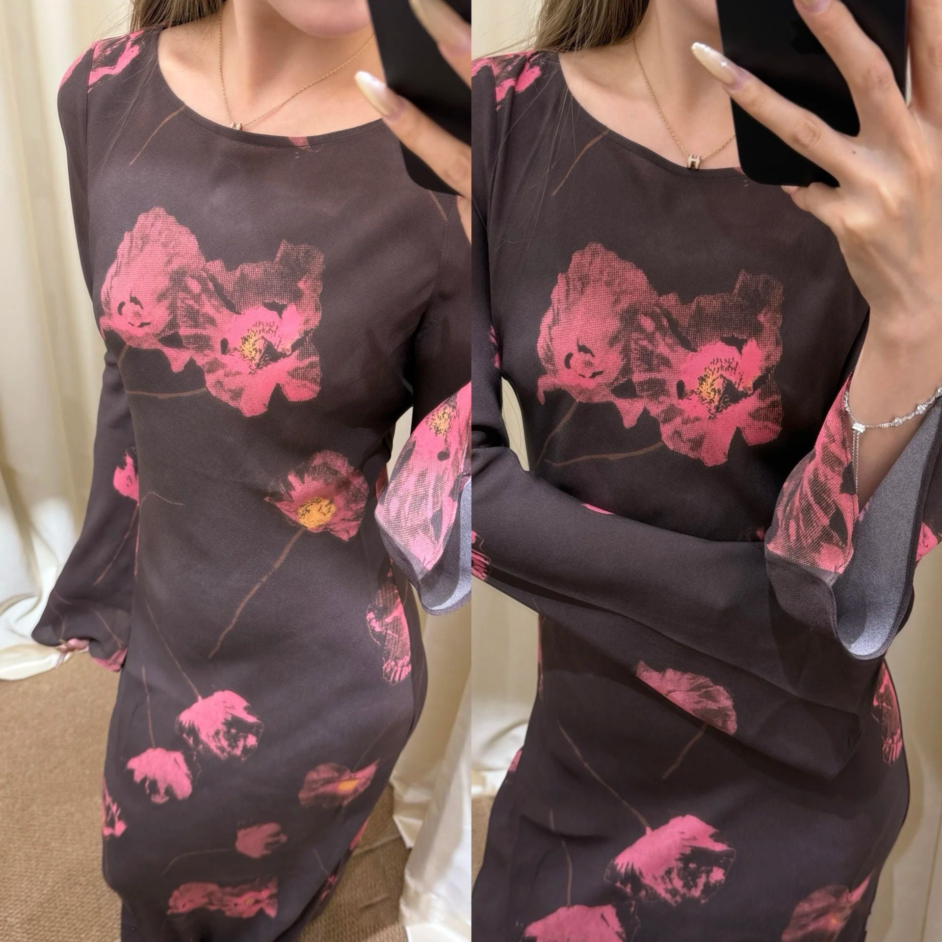 Silk floor-to-ceiling dress crew neck dress