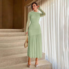 Lace pleated crew neck solid color dress