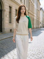 Striped color matching crew neck short-sleeved knitted sweater