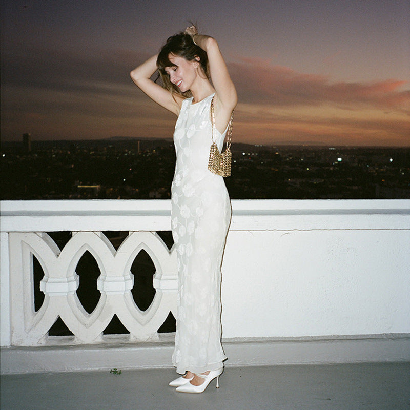 Crew neck dress silk velvet dress