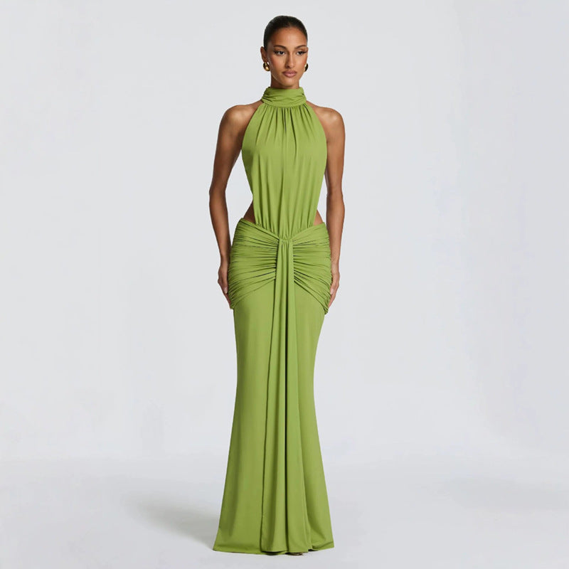 Solid color sexy slim-fit backless fishtail dress