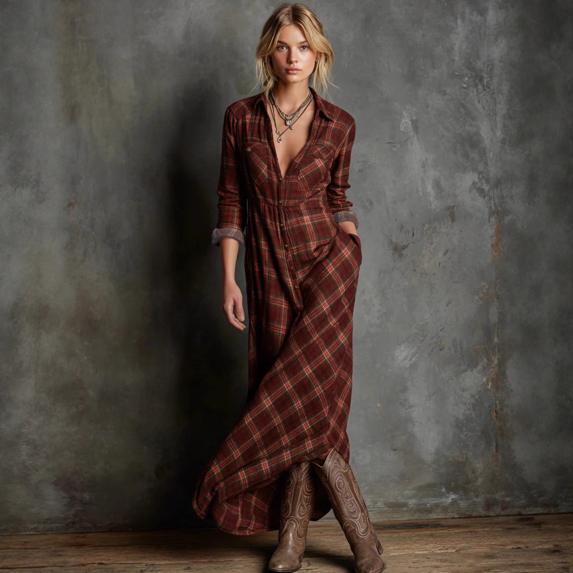 Elegant long-sleeved plaid shirt dress