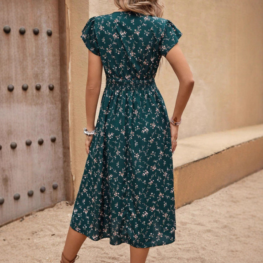 French Fashion Dress Women's Short Sleeve Floral