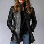 Stand-up collar long-sleeved leather jacket