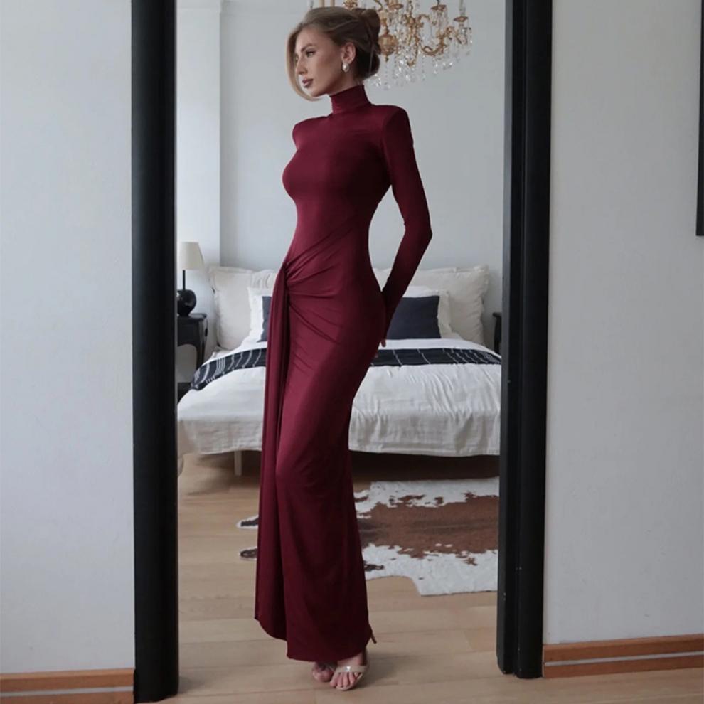 High neck long sleeve splicing slim temperament solid color dress