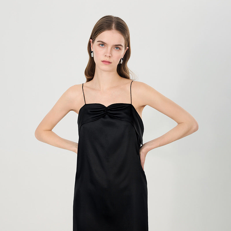 Silk dress black small bow mulberry silk suspender skirt