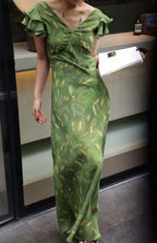 French V-neck silk print dress