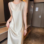 Crew neck silk suspender dress, acetate satin mid-length dress with silk inside