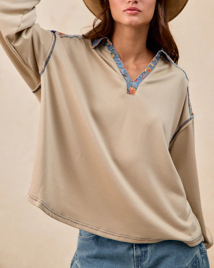 French Casual Loose Lapel Splicing Cloth Sweater Long Sleeve Top