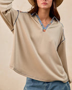 French Casual Loose Lapel Splicing Cloth Sweater Long Sleeve Top