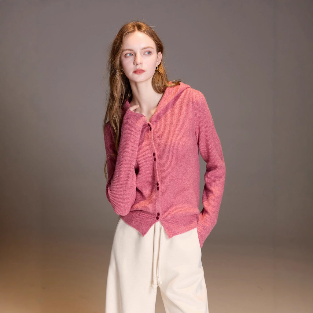 Hooded cardigan over wool jacket