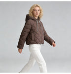 Hooded rhombus woven white duck down jacket