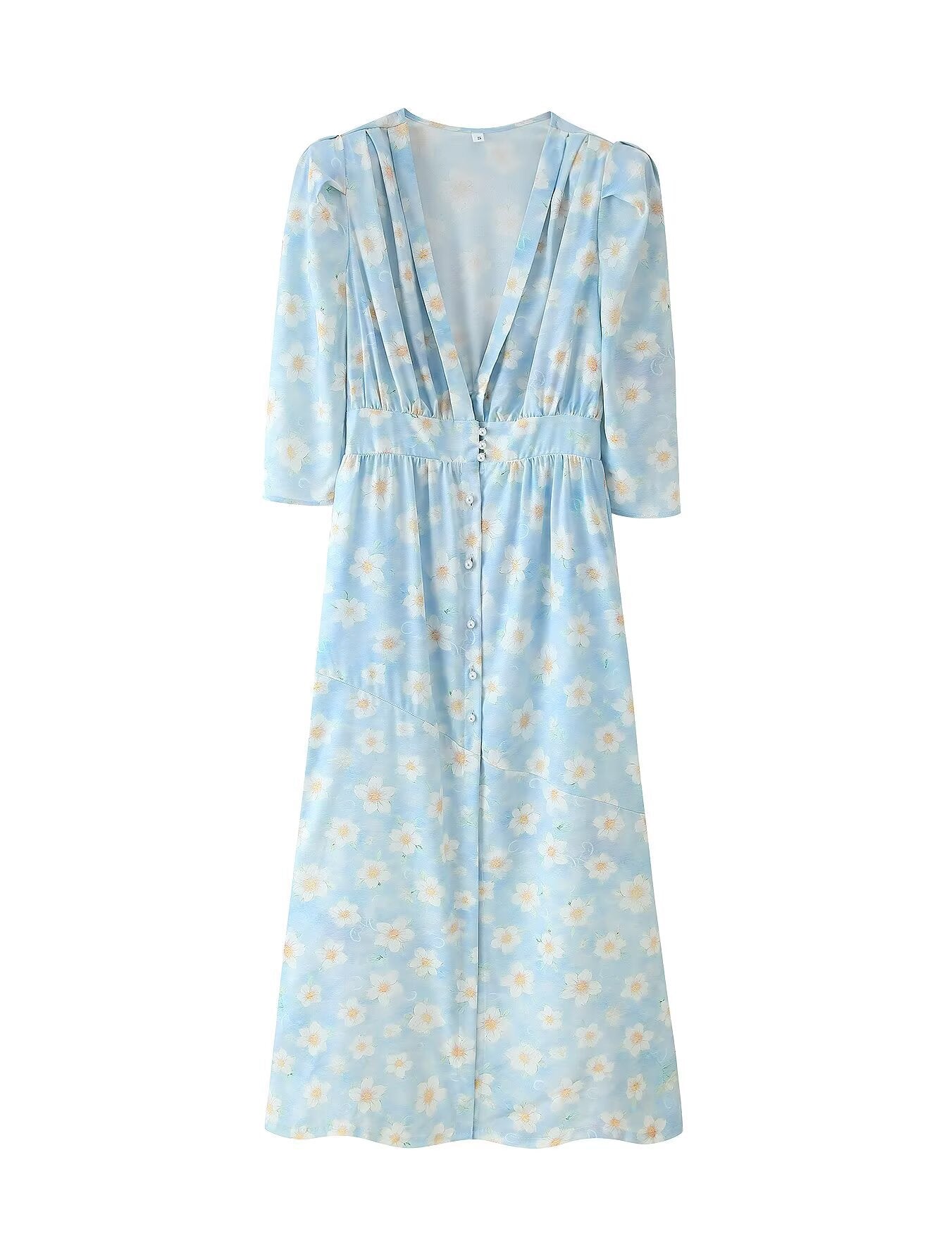 Bubble Sleeve V-Neck Waist Dress
