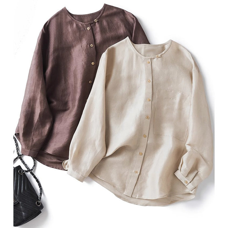 Flax mulberry silk round neck long sleeve shirt