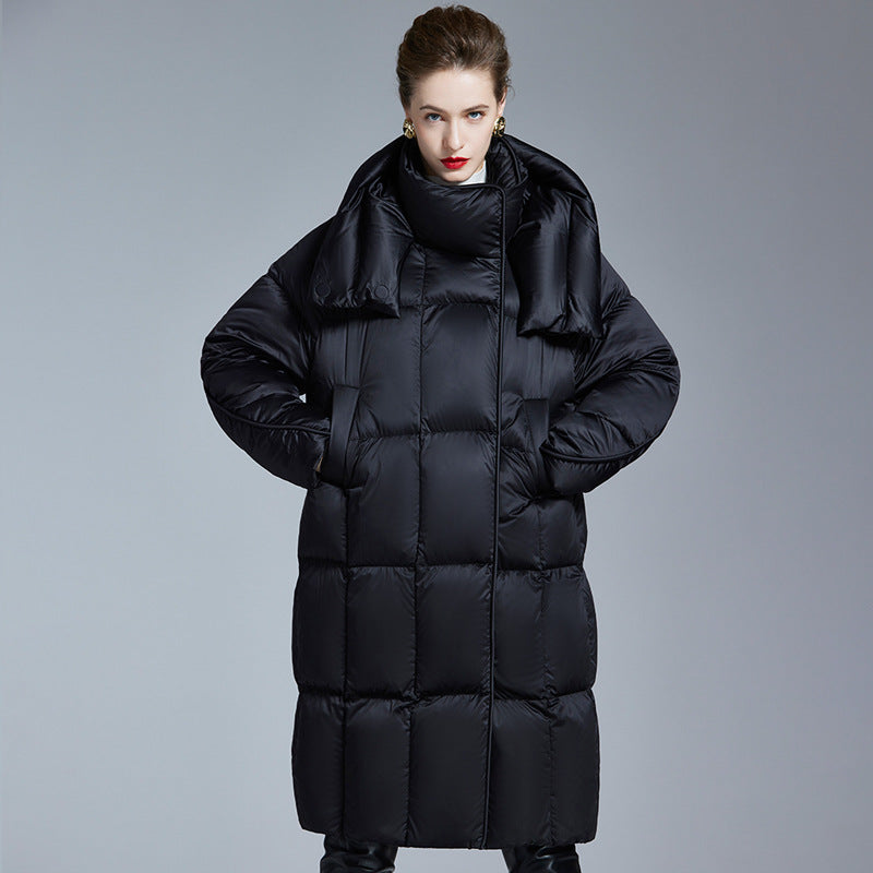 Long knee-length thickened loose white duck down jacket