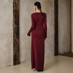 Burgundy Long Dress Metal Accessories Slim Fit Dress