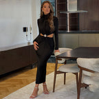 High-neck long-sleeved spliced halter pleated dress