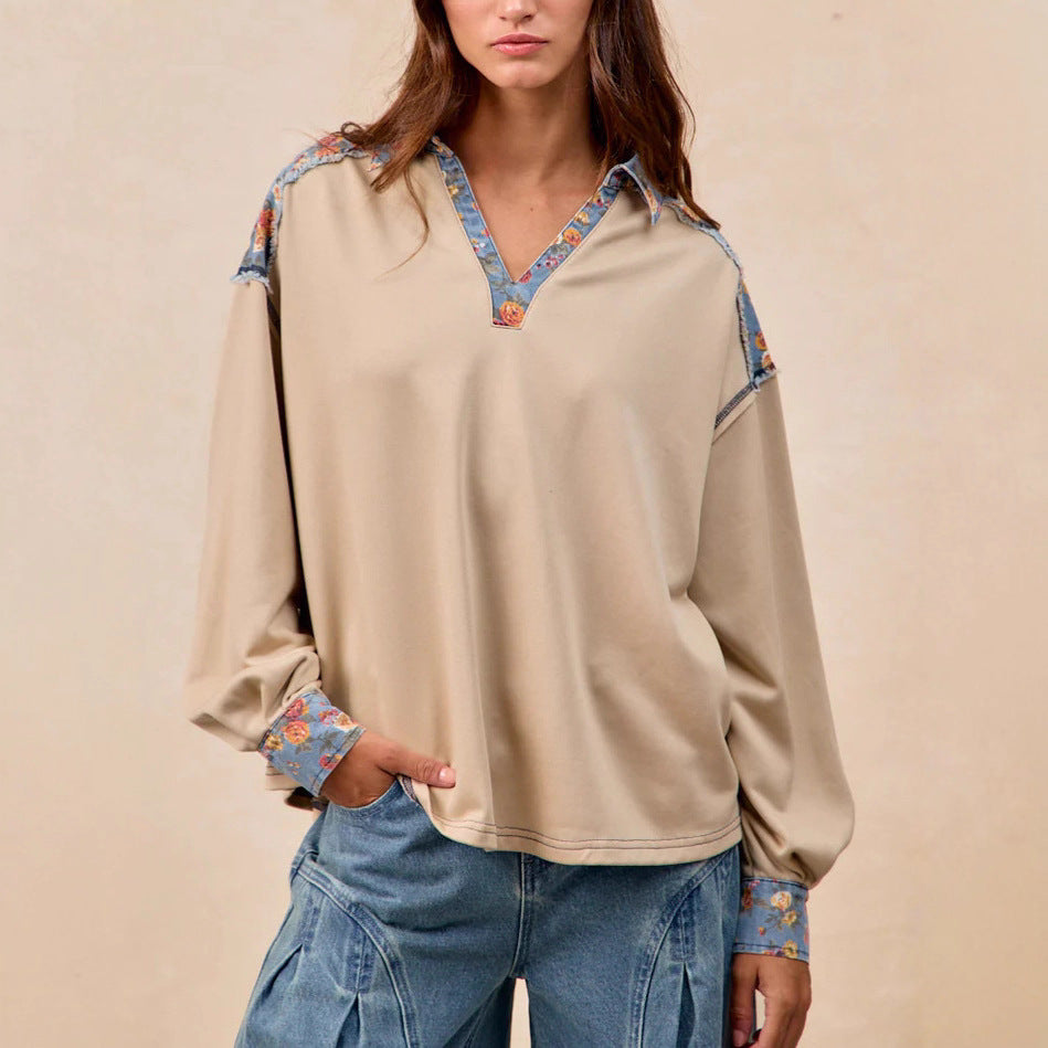 French Casual Loose Lapel Splicing Cloth Sweater Long Sleeve Top