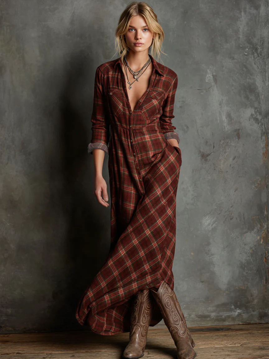 Elegant long-sleeved plaid shirt dress