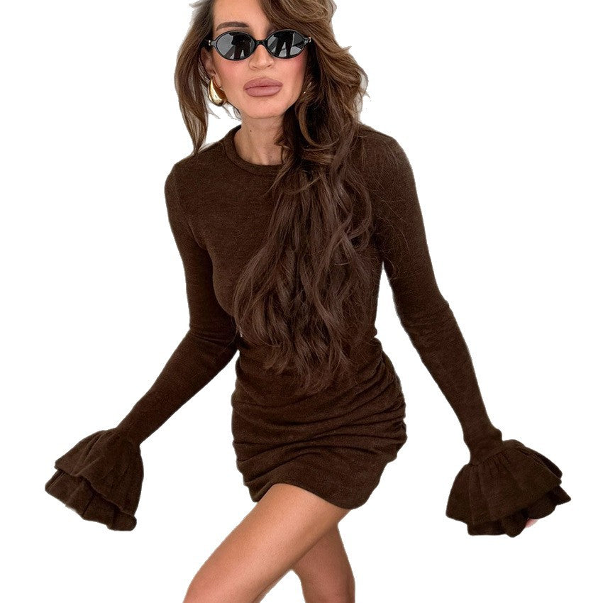 Flared Sleeve Crew Neck Slim Fit Dress