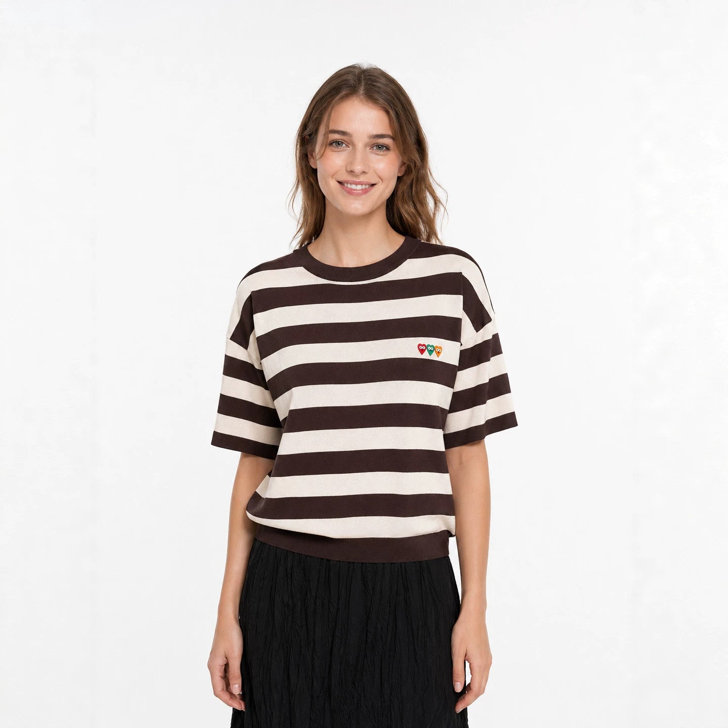 Crew neck striped short-sleeved knitted sweater