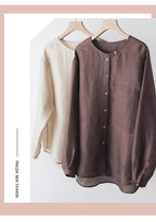 Flax mulberry silk round neck long sleeve shirt