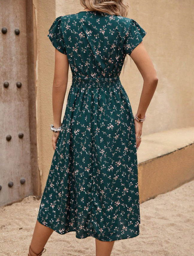 French Fashion Dress Women's Short Sleeve Floral