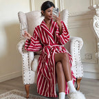 Flannel medium and long striped nightgown