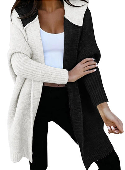 Medium and long hooded knitted cardigan