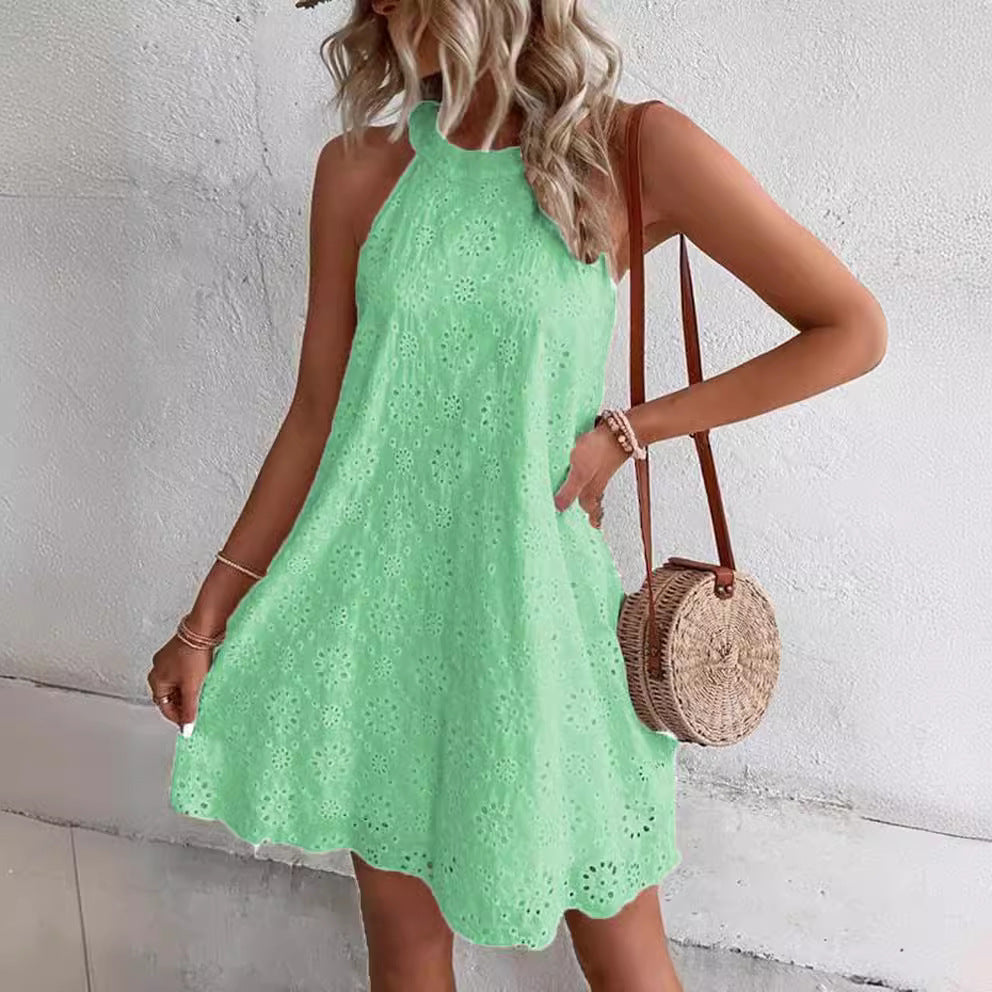 Lace Solid Color Sleeveless Button Neck Dress
