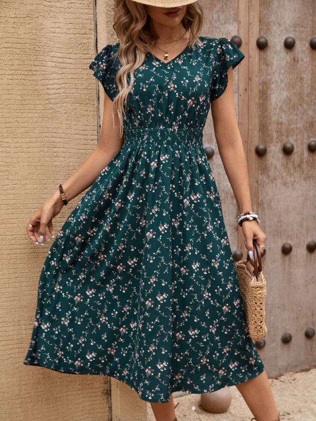 French Fashion Dress Women's Short Sleeve Floral