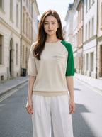 Striped color matching crew neck short-sleeved knitted sweater