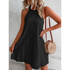 Lace Solid Color Sleeveless Button Neck Dress