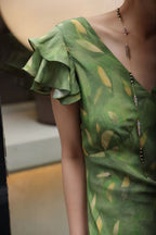French V-neck silk print dress