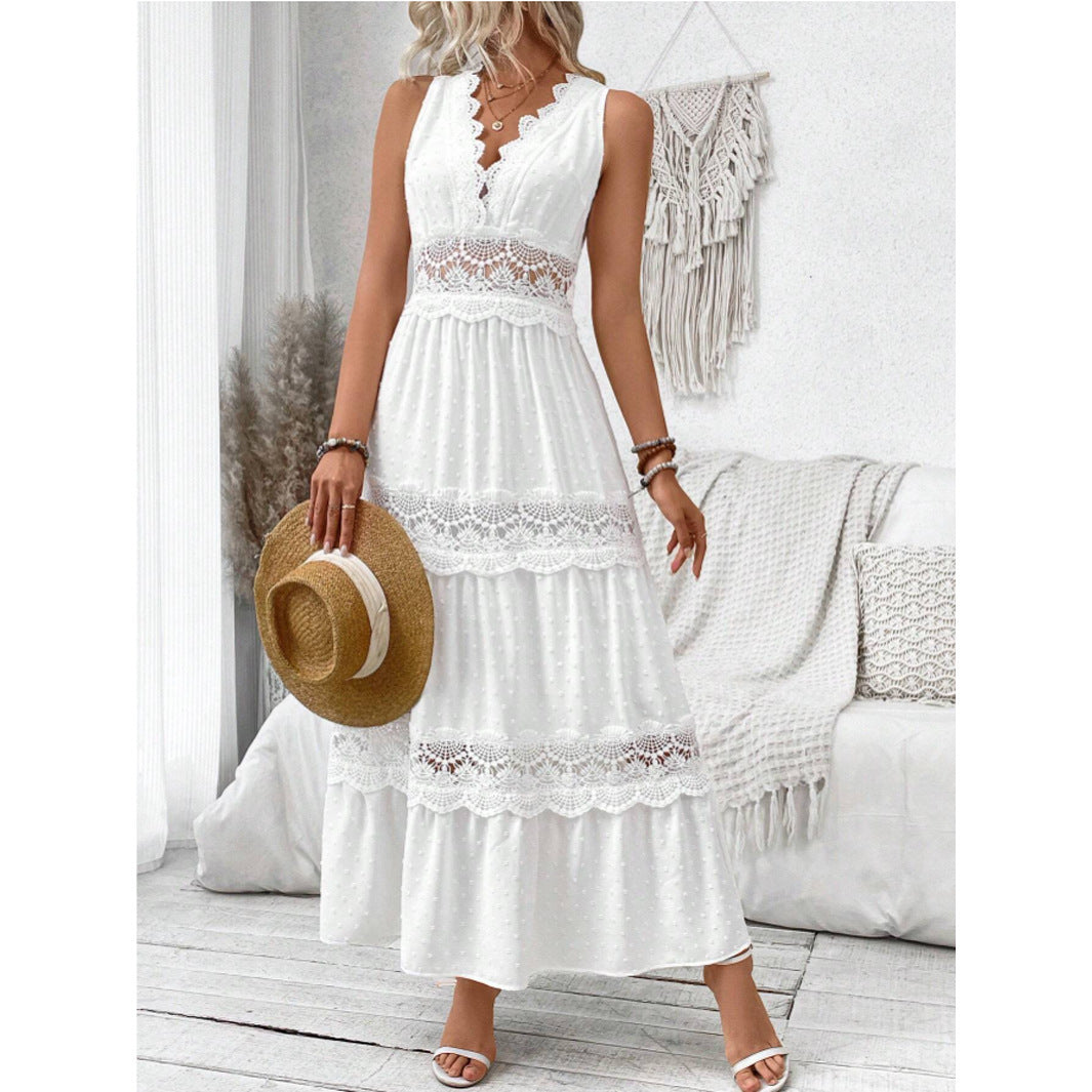 Lace stitching V-neck sleeveless dress