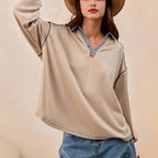 French Casual Loose Lapel Splicing Cloth Sweater Long Sleeve Top