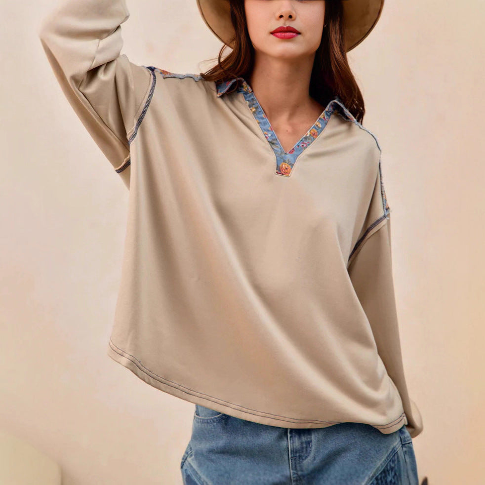 French Casual Loose Lapel Splicing Cloth Sweater Long Sleeve Top