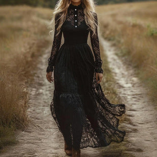 Black Lace Long Sleeve Slim Fit Long Dress