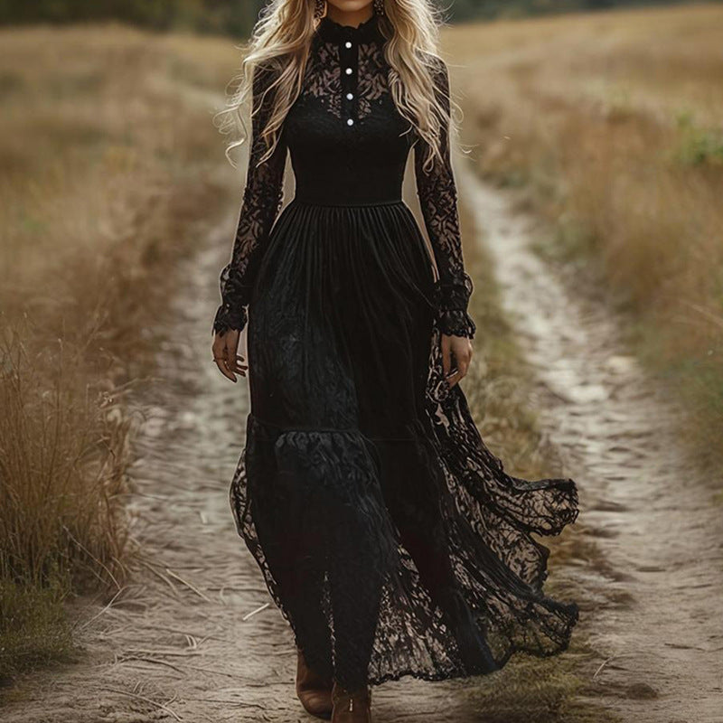 Black Lace Long Sleeve Slim Fit Long Dress